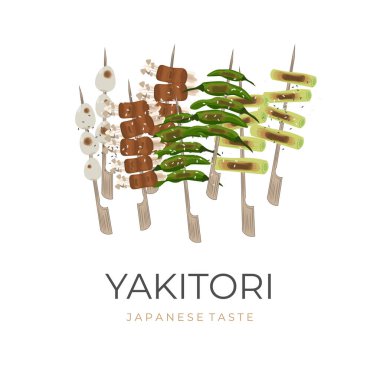Vector Illustration Logo of Japanese Yakitori With Chilli, Beef, Vegetables, and Quail Egg Grilled on Bamboo Skewer