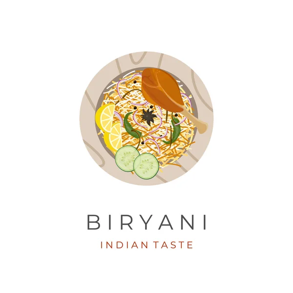 Vector Illustration Logo Biryani Rice Chicken Legs Served Wooden Plate — Vetor de Stock
