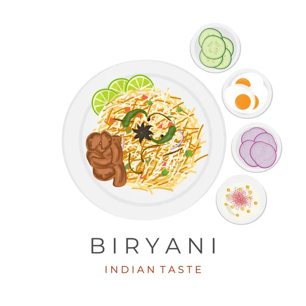 Meat Biryani Rice Vector Illustration Logo Separate Side Dish Sauce — Vetor de Stock