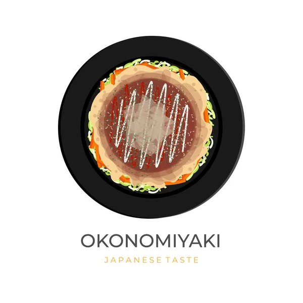 Stock vector Okonomiyaki Japanese Food Vector Illustration Logo With Vegetable Stuffing And Katsuobushi Sprinkle