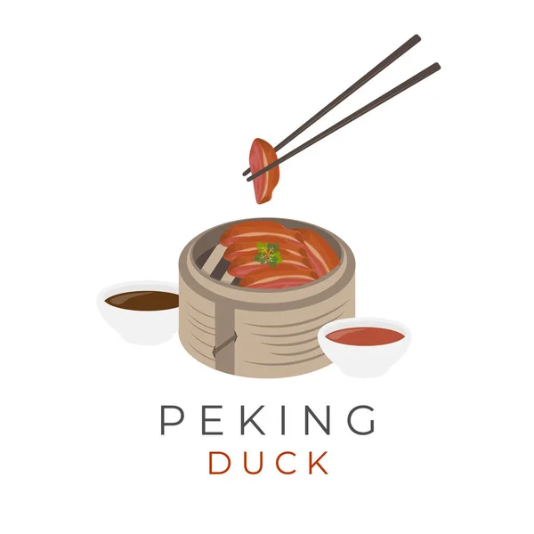 Chinese Peking Duck Vector Illustration Logo Sauce Eaten Chopsticks — Vetor de Stock