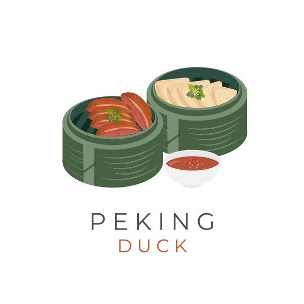 Logo Illustration Vector Peking Duck Chinese Pancakes Served Bamboo Clakat — Vetor de Stock