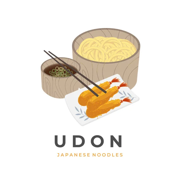 Vector Illustration Logo Tempura Udon Traditional Japanese Food Wooden Bowl — Vetor de Stock