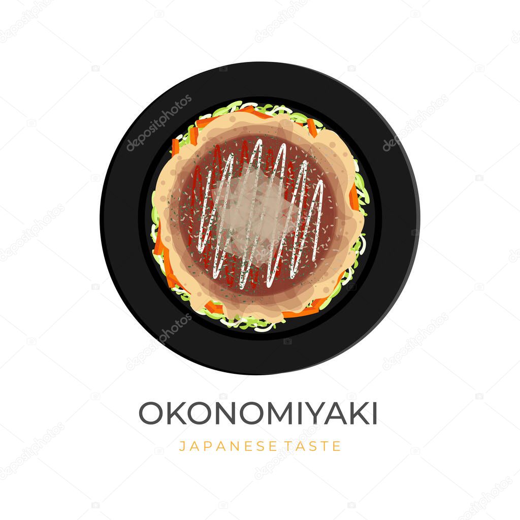 Okonomiyaki Japanese Food Vector Illustration Logo With Vegetable Stuffing And Katsuobushi Sprinkle