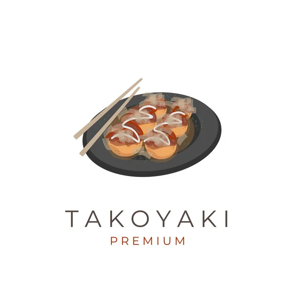 Japanese Food Takoyaki Illustration Logo Plate - Stok Vektor