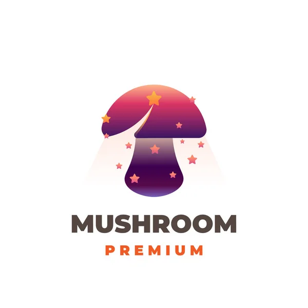 Glowing Purple Mushroom Vector Illustration Logo Stars — Stockvector
