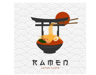 Hot ramen illustration logo on Japanese background