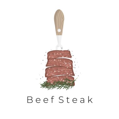  Sulu Biftek Biftek Vektörü İllüstrasyon Logosu çatalla şişlendi ve tuzlu biber ve biberiye ile servis edildi.
