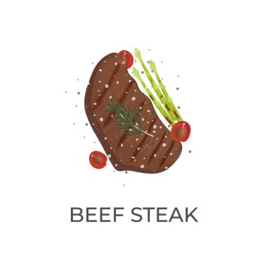  Logo Illustration Vektör Biftek ızgara ve kuşkonmaz ve taze domatesle servis edilir.