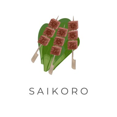 Saikoro Biftek Satay Vektör İllüstrasyon Logosu Bambu Şişi ile Taze Yeşil Sebzeler