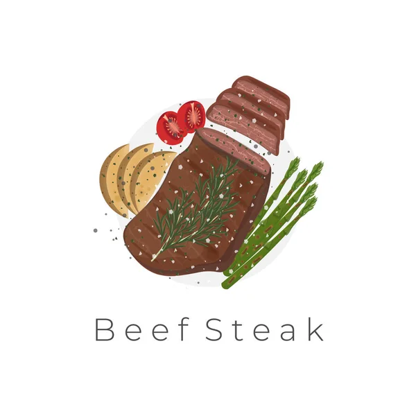 Juicy Beef Steak Vector Illustration Logo Parrilla Servido Con Tomates — Vector de stock