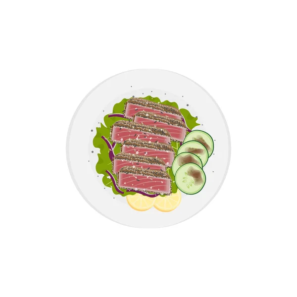 ツナタタタキのベクトルイラスト半熟のマグロ肉と新鮮な野菜を添えて — ストックベクタ
