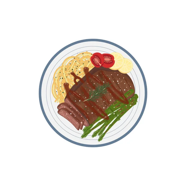 Logotipo Suculento Ilustração Vetor Bife Churrasco Carne Com Espaguete Delicioso —  Vetores de Stock