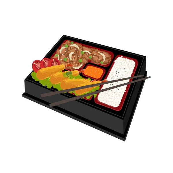 ベクトルイラストロゴ日本の弁当箱新鮮な牛野菜と海老フライサイドディッシュ — ストックベクタ
