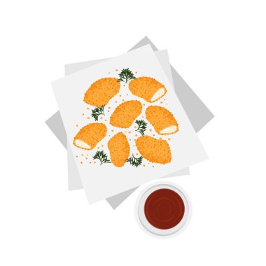 Tavuk Nuggets 'ın basit tanıtım logosu kurutulmuş ve sosla servis edilmiş.