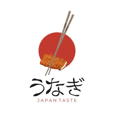 Japon Kabayaki Unagi, yemek çubuklarıyla yenen ızgara yılan balığı illüstrasyon logosu.