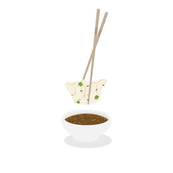 Illustrazione Logo Degli Gnocchi Gyoza Jiaozi Pronti Mangiare Con Bacchette — Vettoriale Stock