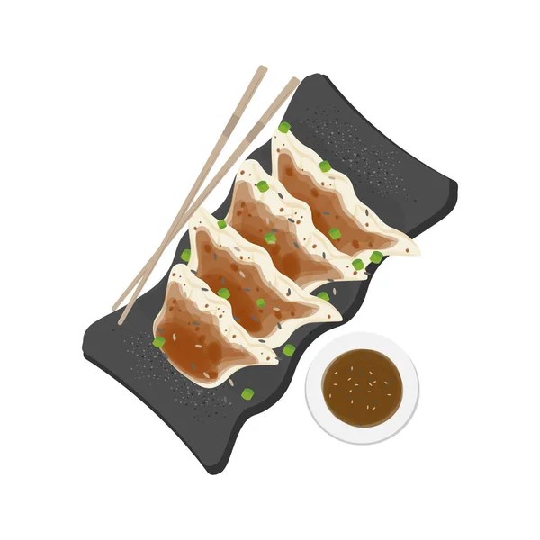 Ilustração Logotipo Gyoza Jiaozi Dumplings Uma Placa Servida Com Molho —  Vetores de Stock