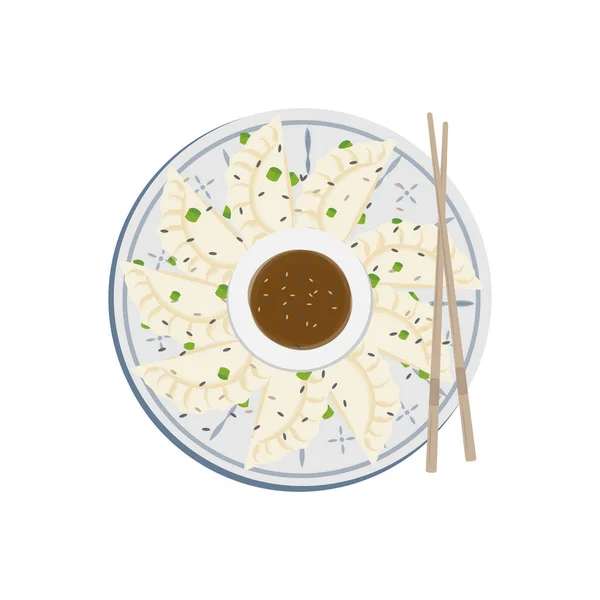 Illustration Logotyp Gyoza Jiaozi Dumplings Platta Roterande Arrangemang Med Sojasås — Stock vektor