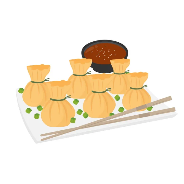 ソースプレート上で提供される揚げダムサムマネーバッグ餃子のロゴイラスト — ストックベクタ