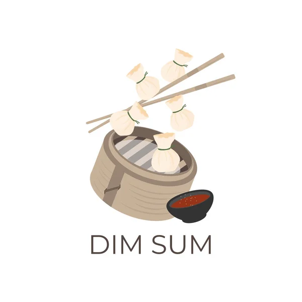 Dim Sumダンピングマネーバッグイラストロゴ上の竹スチーマー — ストックベクタ