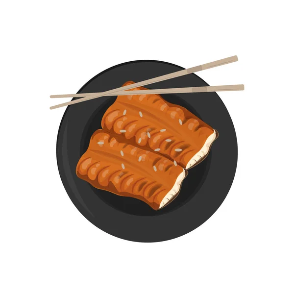 イラストロゴ日本の蒲焼うなぎ焼き黒皿にスライス — ストックベクタ