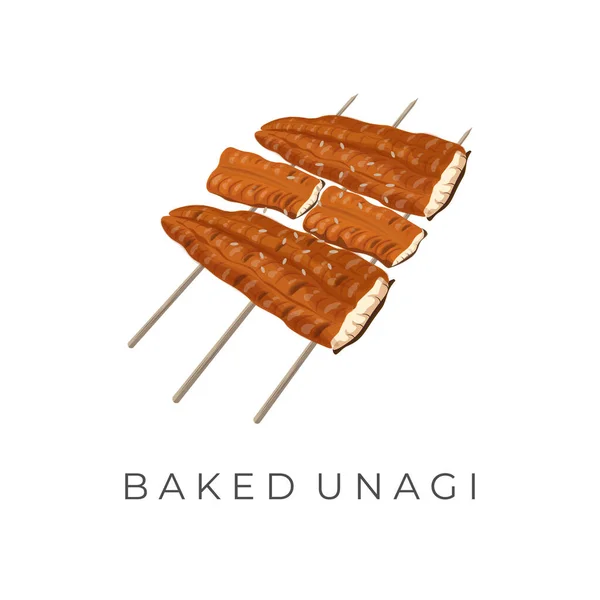 Logo Illustration Grilled Eel Bamboo Skewer Kabayaki Unagi - Stok Vektor