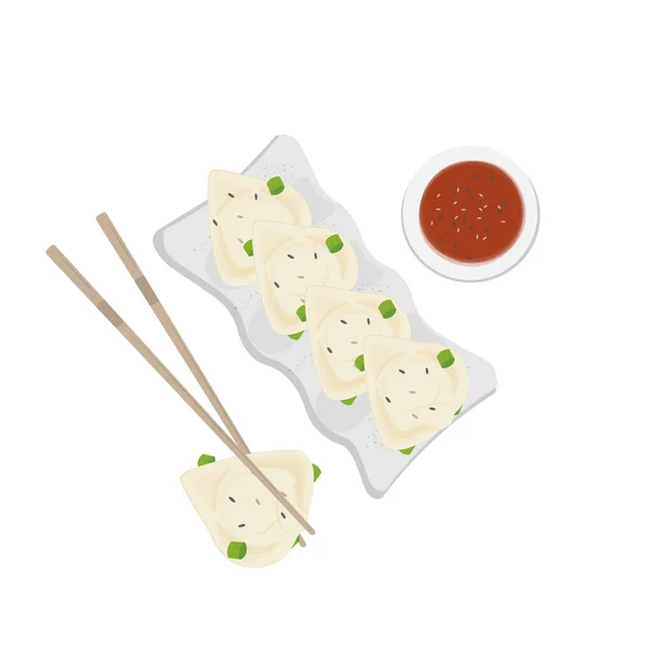 Logo Illustration Dumplings Wonton Szechuan Sur Une Assiette Avec Sauce — Image vectorielle