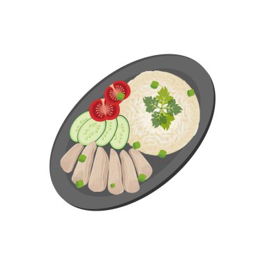 Taze domates ve salatalıkla servis edilen Hainanese Tavuğu Pirinç Vektör İllüstrasyon Logosu