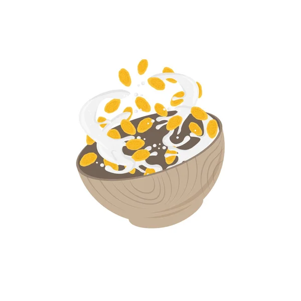 Logotipo Ilustração Cereais Flocos Milho Uma Tigela Madeira — Vetor de Stock