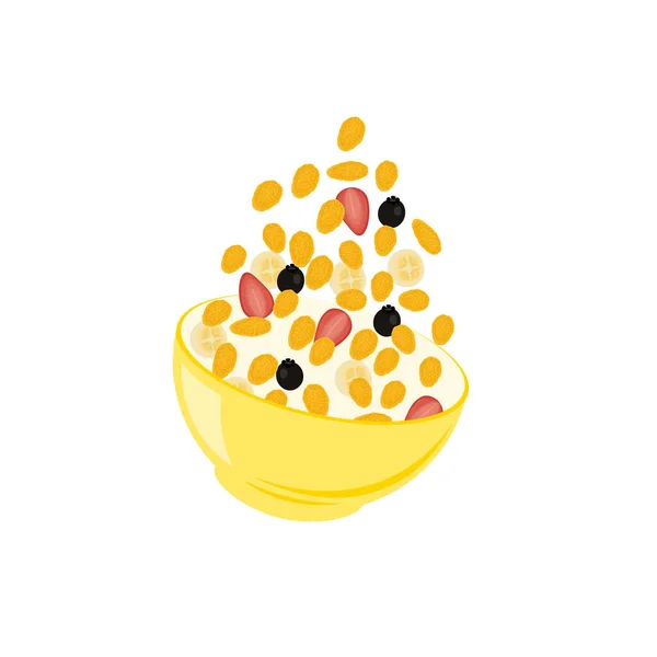 Logotipo Ilustración Cereales Copos Maíz Con Frutas Frescas Saludables — Vector de stock