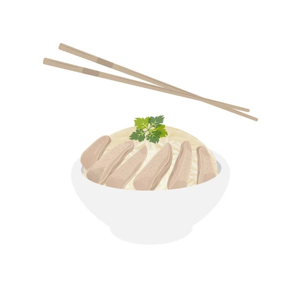 Hainanese Chicken Rice Vector Illustration Logo Mit Essstäbchen Gegessen — Stockvektor