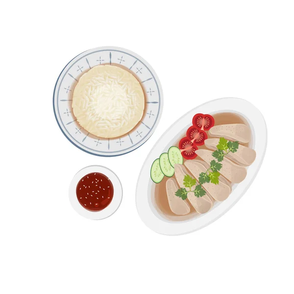 Hainan Rice Illustration Logo Dengan Wenchang Ayam Sebagai Lauk - Stok Vektor