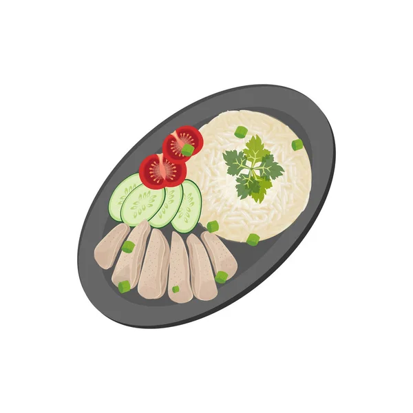 新鮮なトマトとキュウリで提供される海南チキンライスベクトルイラストロゴ — ストックベクタ