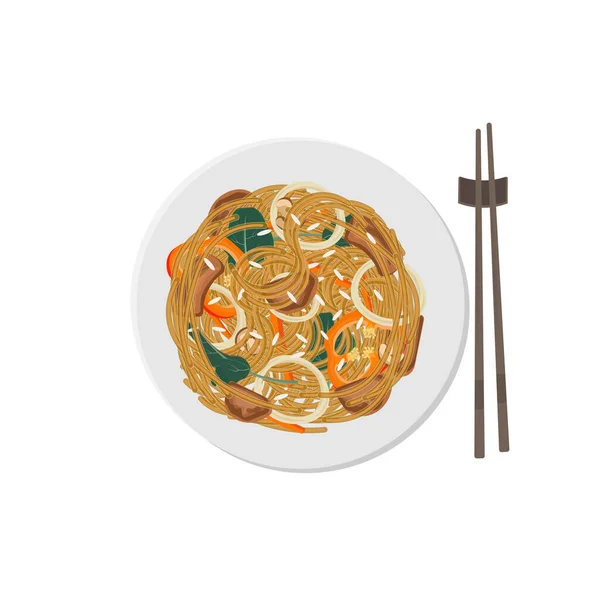 Logo Ilustrasi Vektor Noodles Korea Japchae - Stok Vektor