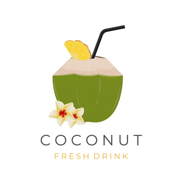 Frische Tropische Grüne Junge Kokosnuss Drink Illustration Logo — Stockvektor