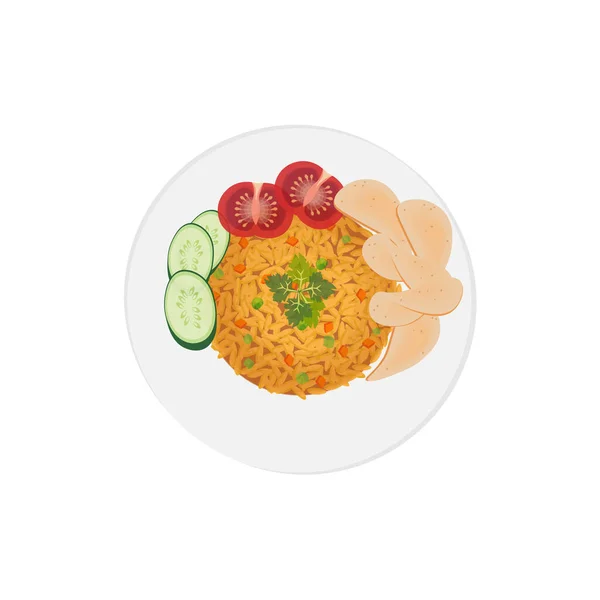 Logo Dell Illustrazione Del Riso Fritto Indonesiano Servito Con Verdure — Vettoriale Stock