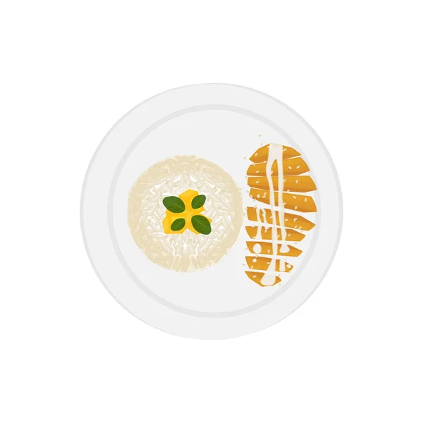 Mango Sticky Rice Vector Εικονογράφηση Λογότυπο Ένα Λευκό Πιάτο — Διανυσματικό Αρχείο