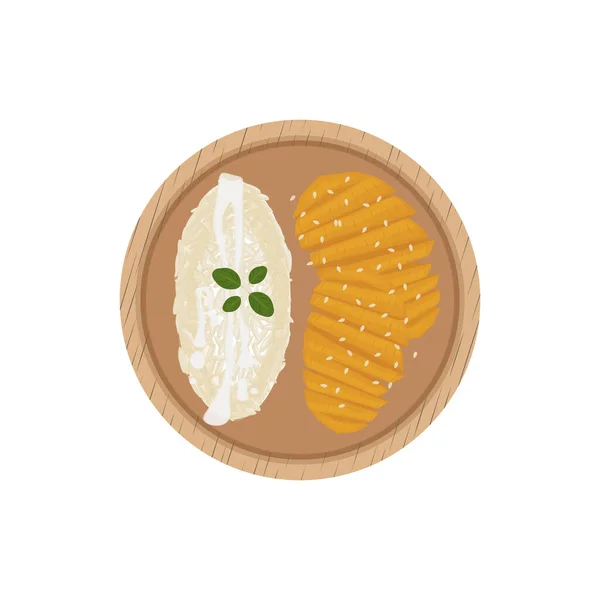 Mango Sticky Rice Vector Illustration Logo Wooden Plate — Stock Vector
