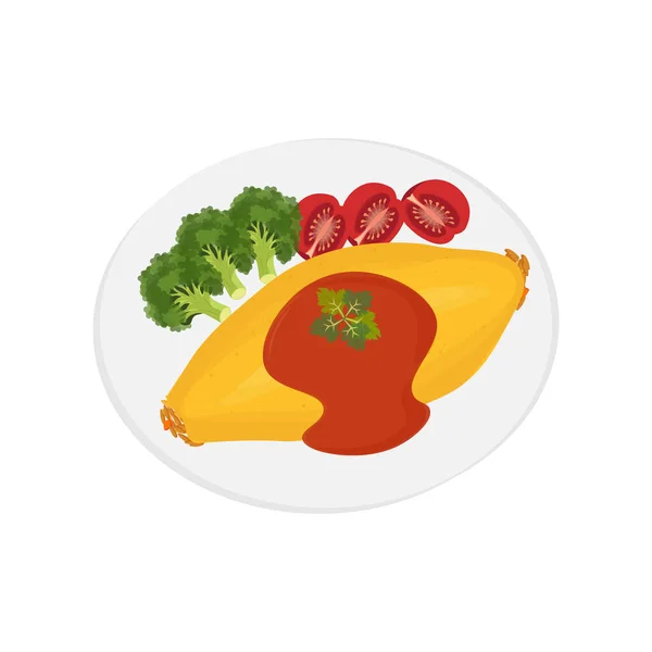 Ιαπωνικά Omurice Εικονογράφηση Λογότυπο Σάλτσα Και Φρέσκα Λαχανικά — Διανυσματικό Αρχείο