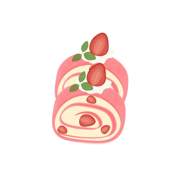 Strawberry Towel Crepe Roll Cake Slice Illustration Logo — Stock Vector