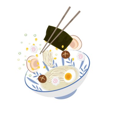 Shoyu Ramen İllüstrasyon Logosu Et ve Sebze Toplama