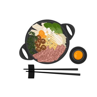 Japon Sukiyaki Sıcak Çömlek İllüstrasyon Logosu