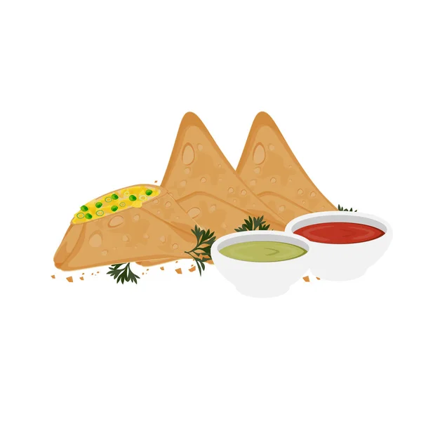 印度小吃萨莫萨图例标识与美味填充物 — 图库矢量图片