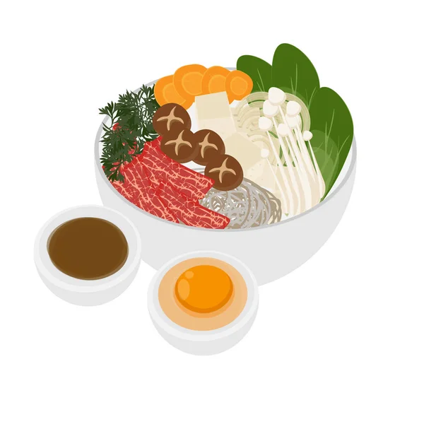 Illustration Logo Japanischer Sukiyaki Mit Soße Und Rohem — Stockvektor