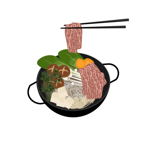 Pronto Para Comer Sukiyaki Japonês Ilustração Logo — Vetor de Stock