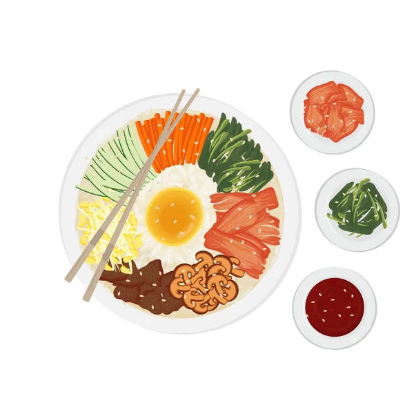 Κορεάτικη Εικονογράφηση Τροφίμων Λογότυπο Spicy Bimbimbap Πρόσθετα Συνοδευτικά Πιάτα — Διανυσματικό Αρχείο