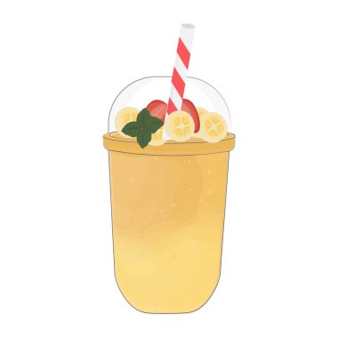 Sarı Muzlu Süt Smoothie İllüstrasyon Logosu Plastik Kupada