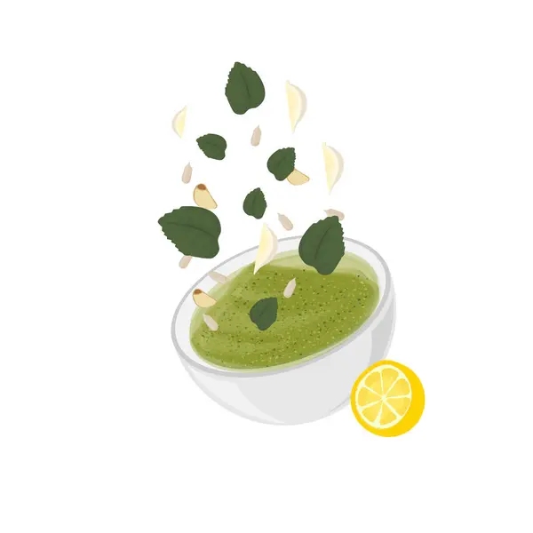 stock vector Pesto Sauce With Basil Leaves in a Bowl Illustration logo