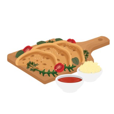 Vektör illüstrasyon logosu Calzone pizzası ya da katlanmış pizza yemeye hazır